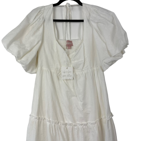 Show Me Your Mumu Sz L Women's White Poof Sleeve Smocked Odette Midi Dress NWT - Picture 3 of 16